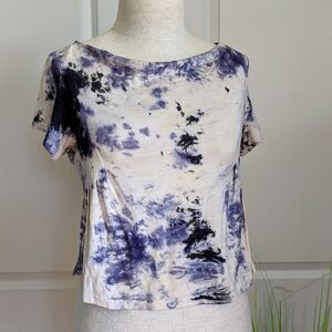 RAGA Tie Dye Top Cropped Bateau Cowl Cap Sleeve Stretch Knit White Blue M NWT